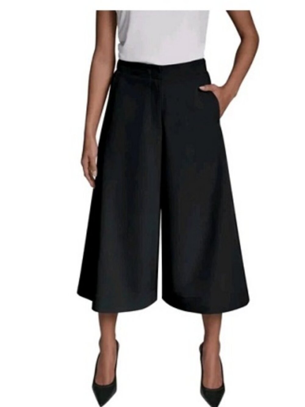 New DKNY Women Pants Black Gaucho Wide-Leg Pockets Elastic Waist Business Casual